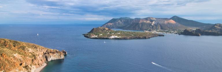 view of aeolian islands in sicily with blue sky