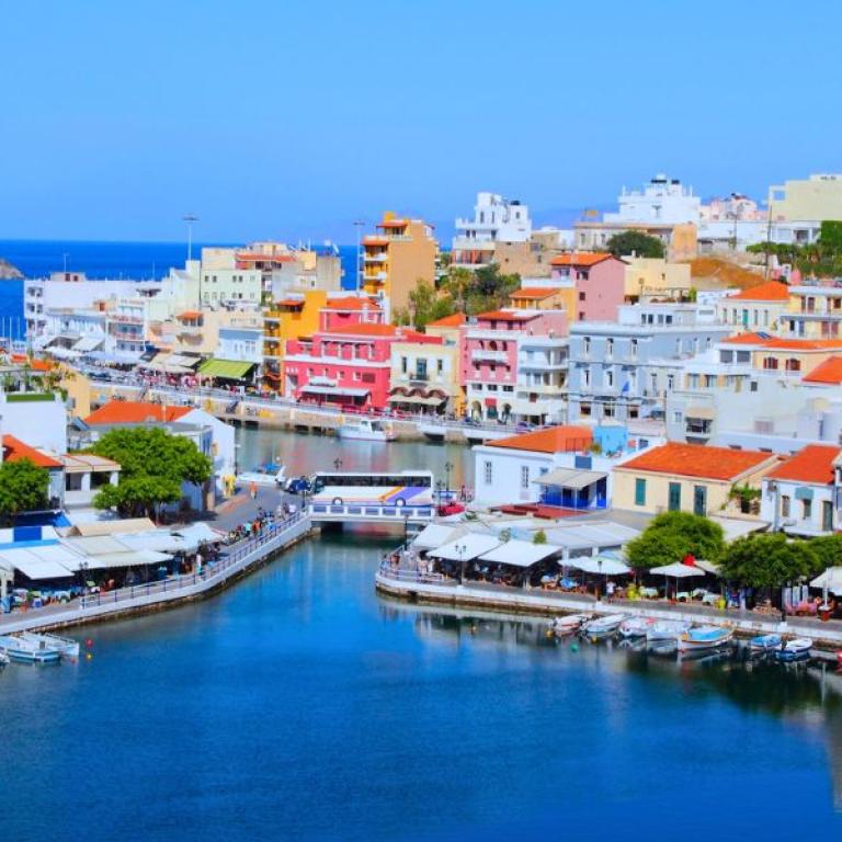 The colorful houses of the port in Crete Greece