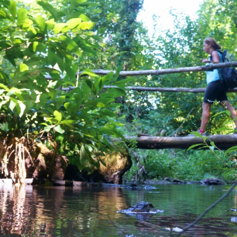 Female hiker crossing a rustic wooden bridge in the forest along the Via Francigena Viterbo to Rome