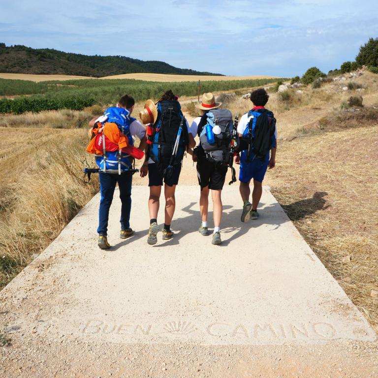 Pilgrims walking the Camino from Sarria to Santiago through Galician hills