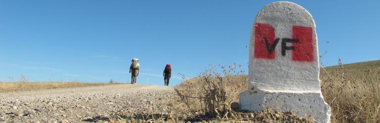 Two people walking on a Via Francigena countryside path