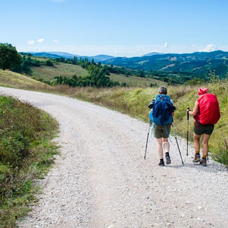 hikers on path Saint Francis Way Rieti Roma