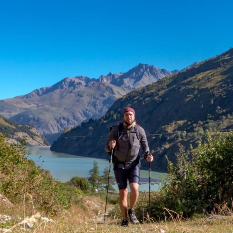 man walking on swiss via francigena