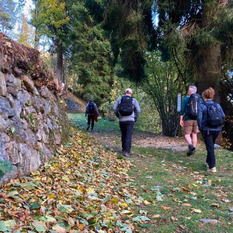 Cammino Oropa A walker approaches the Sanctuary of Oropa
