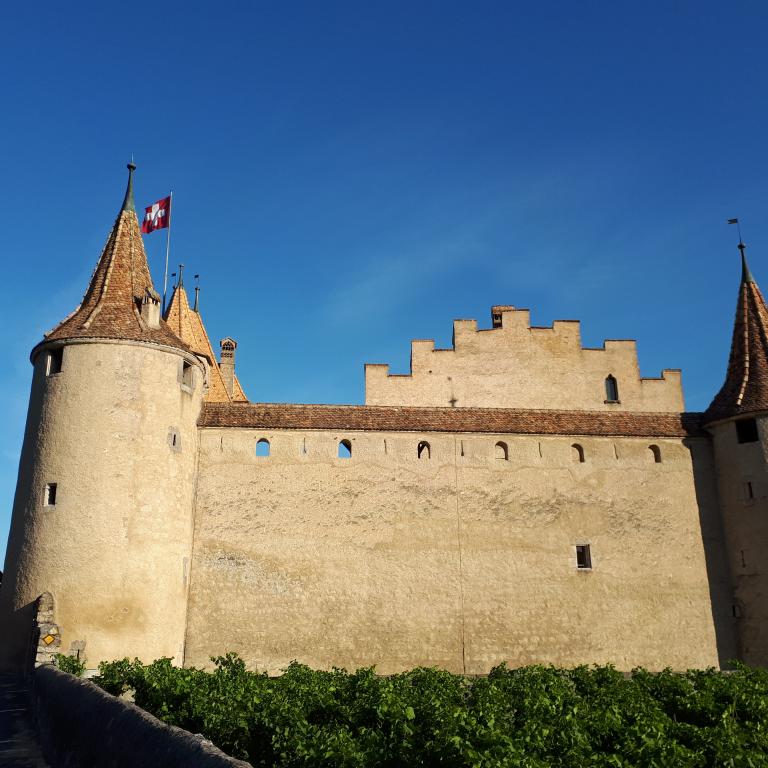 Vista frontale del Castello di Aigle con le Alpi svizzere sullo sfondo