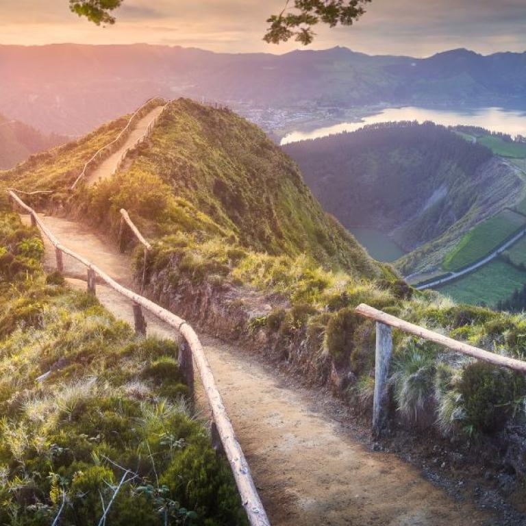 São Miguel's landscape with a hiking trail in the Azores