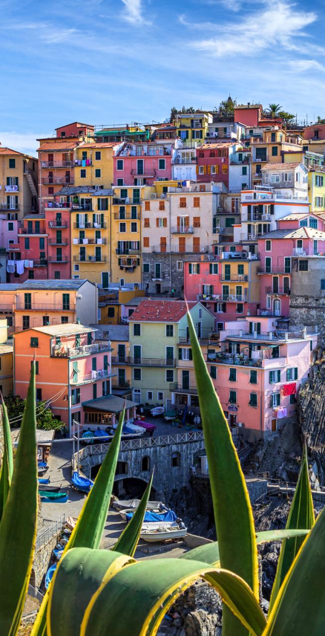 Colorful Riomaggiore houses on the cliff at sunset overlooking the Ligurian Sea on a scenic Cinque Terre hiking tour
