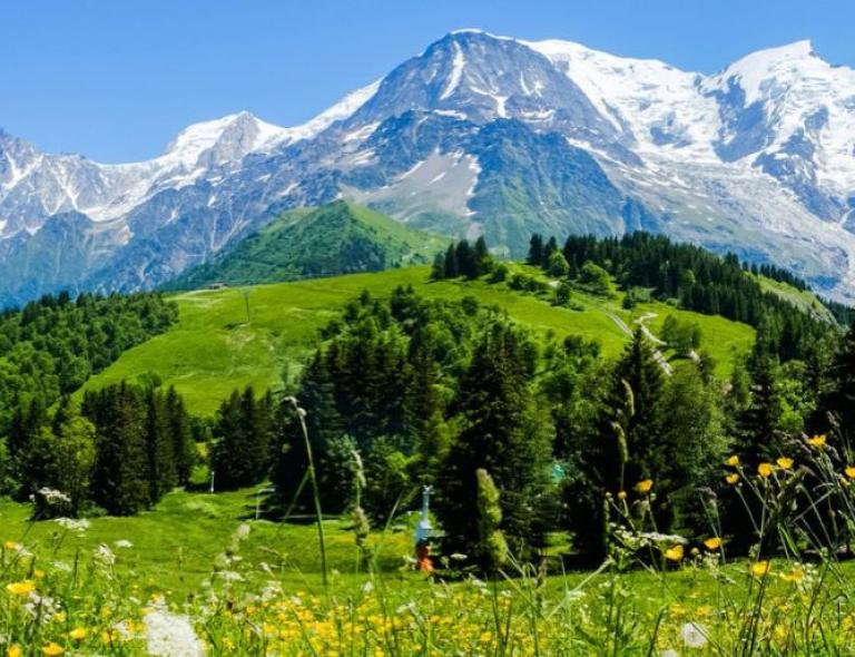Praderas verdes y cumbres nevadas del Mont Blanc, perfectas para vivir la experiencia del senderismo en Italia
