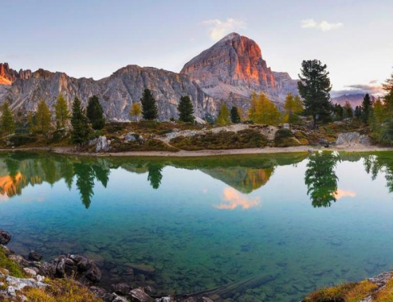 Dolomites Alta Via lake mirroring mountains