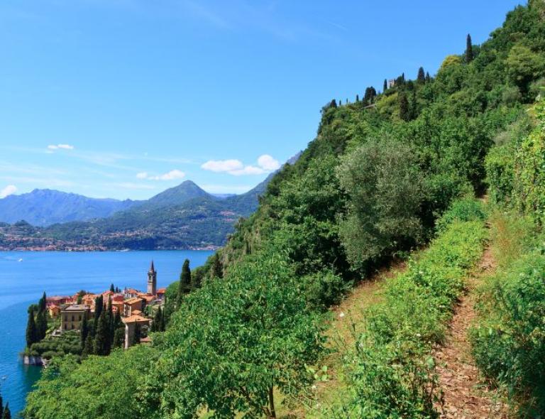 Hiking path lakeside village Varenna stunning Como Lake panorama