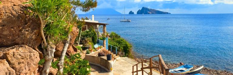 A panoramic view of an Aeolian island during a hike in Sicily