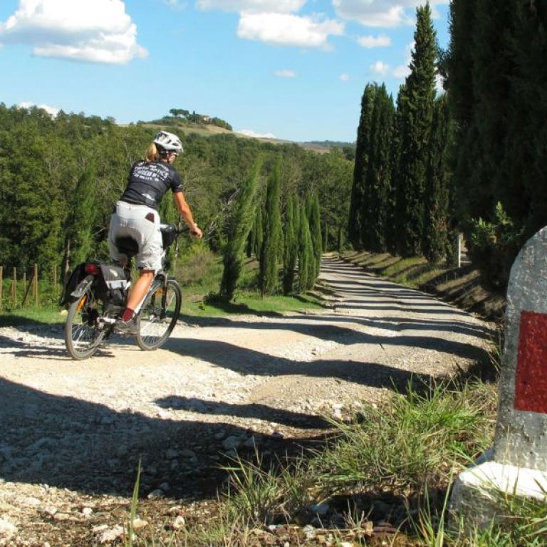 cycling tours downhill on via francigena with waymark