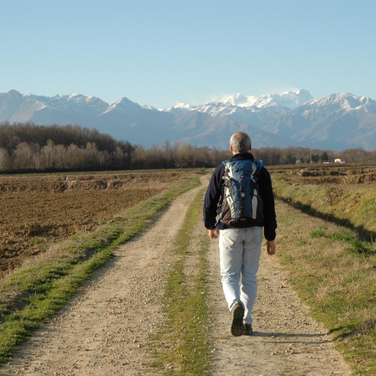 Zaino in spalla camminatore con sfondo alpino