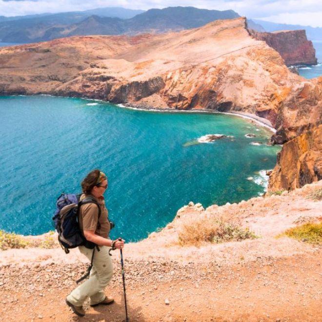 Winter Sun woman hiking madeira coast