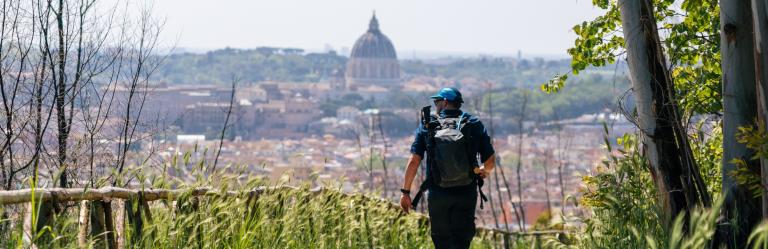 Walkers along the via francigena last 100 km on a rural path surrounded by flower fields