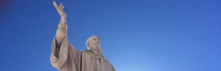 Statue of St. Benedict in Norcia at the start of St. Benedict’s Way