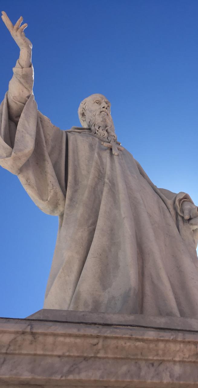 Statue of St. Benedict in Norcia at the start of St. Benedict’s Way