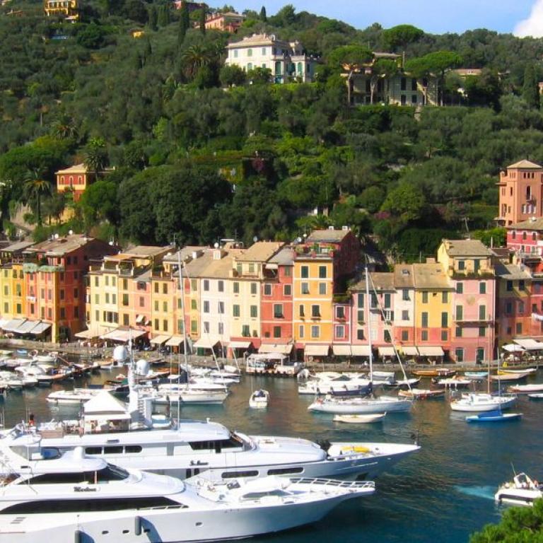 view of the portofino bay in summer during holidays in the cinque terre and liguria