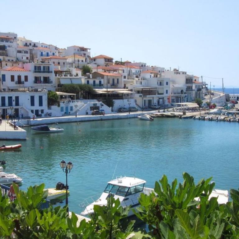 Peaceful Cycladic village in Andros with sea views and blooming bougainvillea