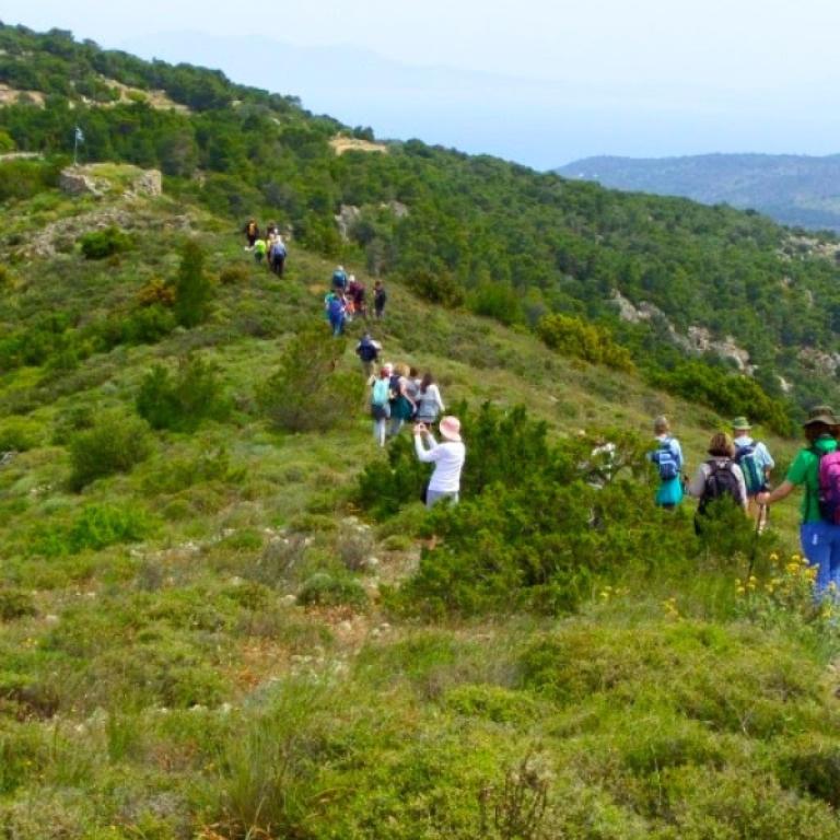 Hikers exploring scenic mountain paths on active Aegina holidays